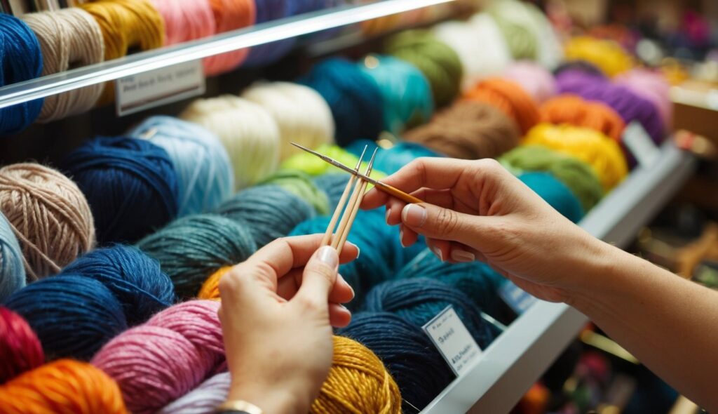 Un tricoteur débutant choisit soigneusement des aiguilles lisses et modérément pointues ChiaoGoo ou HiyaHiya dans un présentoir bien garni de fil dans une boutique spécialisée.