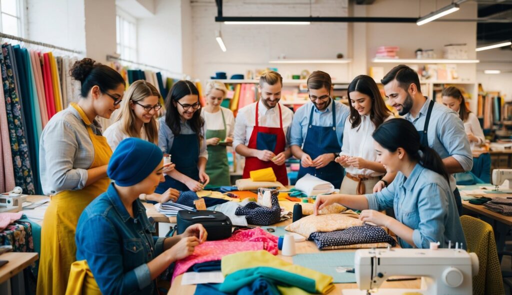 Un groupe de personnes se réunit dans un atelier de mercerie animé et coloré, entouré de divers tissus, patrons et équipements de couture, discutant avec enthousiasme tout en travaillant sur leurs projets créatifs.