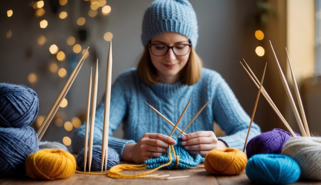 Un tricoteur est assis, entouré de pelotes de laine, hésitant entre des aiguilles droites et circulaires pour son prochain projet. Les souvenirs de ses grands-parents tricotant avec des aiguilles droites se mêlent à l'attrait moderne des aiguilles circulaires polyvalentes.