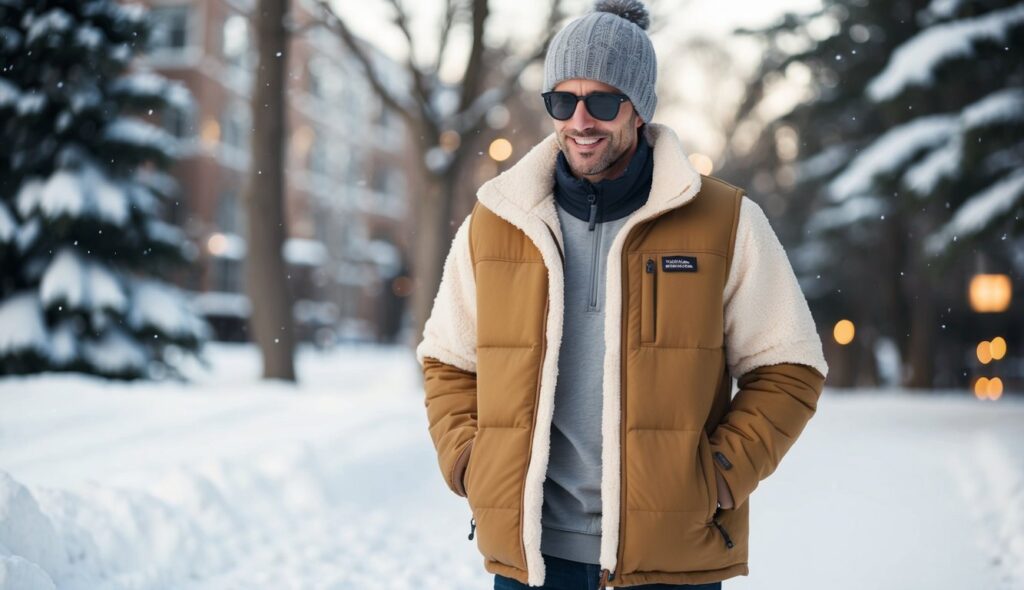 Une veste en tissu Sherpa douillet portée par une journée d'hiver enneigée, offrant chaleur et confort tout en restant légère.