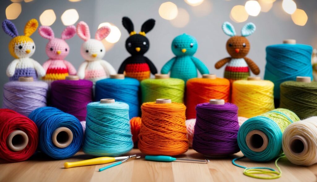 Une sélection minutieuse de fils de coton est essentielle pour créer des figurines amigurumi vibrantes et durables. La scène illustre une variété colorée de bobines de fil de coton, avec un crochet et de petites poupées amigurumi en arrière-plan.