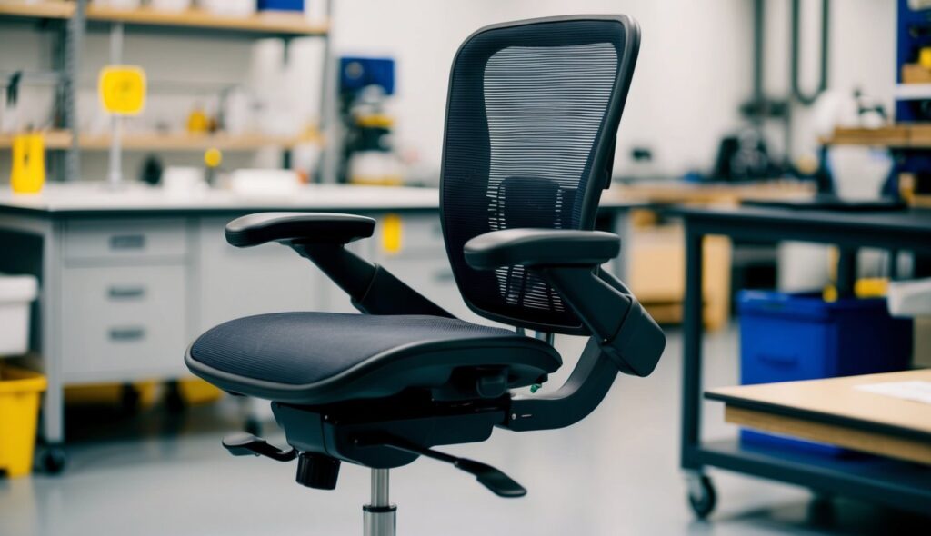 Une chaise de travail ergonomique avec des réglages ajustables pour le confort et le soutien de l'utilisateur, fabriquée avec des matériaux durables, adaptée aux environnements industriels et de laboratoire.