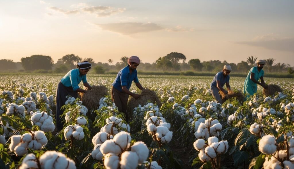 Champs de coton égyptien dans le riche delta du Nil, avec des travailleurs récoltant les fibres longues et fines. Le sol fertile et le climat idéal contribuent à la réputation de ce tissu de qualité supérieure.