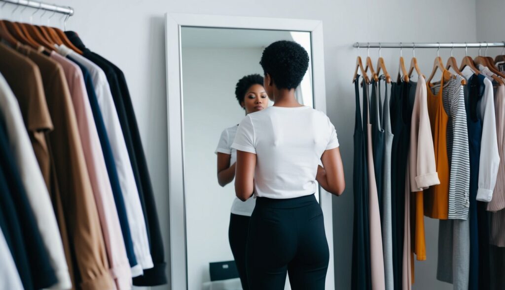 Une personne se tenant devant un miroir en pied, choisissant soigneusement des vêtements qui flattent sa silhouette. Une garde-robe bien organisée remplie de basiques polyvalents et de pièces élégantes.