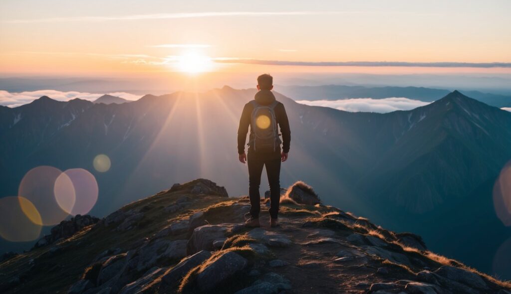 Une personne se tenant au sommet d'une montagne au lever du soleil, entourée par la nature et ressentant un profond sens de l'objectif et de l'accomplissement.