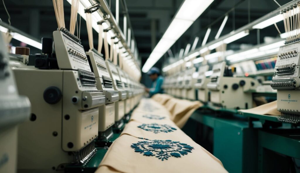 Un atelier textile animé bourdonne avec le vrombissement rythmique des machines à broder industrielles, cousant habilement des motifs complexes sur le tissu à grande vitesse.