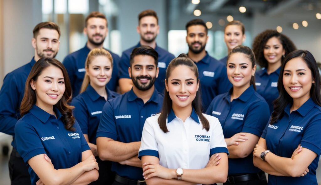 Un groupe d'employés portant des uniformes brodés et imprimés personnalisés, affichant fièrement l'identité de marque de leur entreprise tout en travaillant ensemble de manière professionnelle et cohésive.