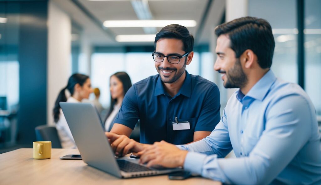 Un représentant du service client aide un client avec un problème technique, offrant un support efficace et réactif. Le client a l'air satisfait et reconnaissant pour l'assistance.