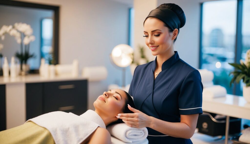 Une esthéticienne professionnelle, en uniforme élégant et fonctionnel, dégageant confort et style, au milieu d'un salon animé. Un tissu résistant et flexible lui permet de bouger aisément, répondant aux exigences de son travail quotidien.