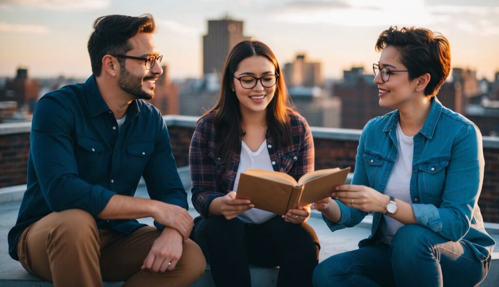 Trois personnes sur un toit, captivées par les mots d'un conteur.