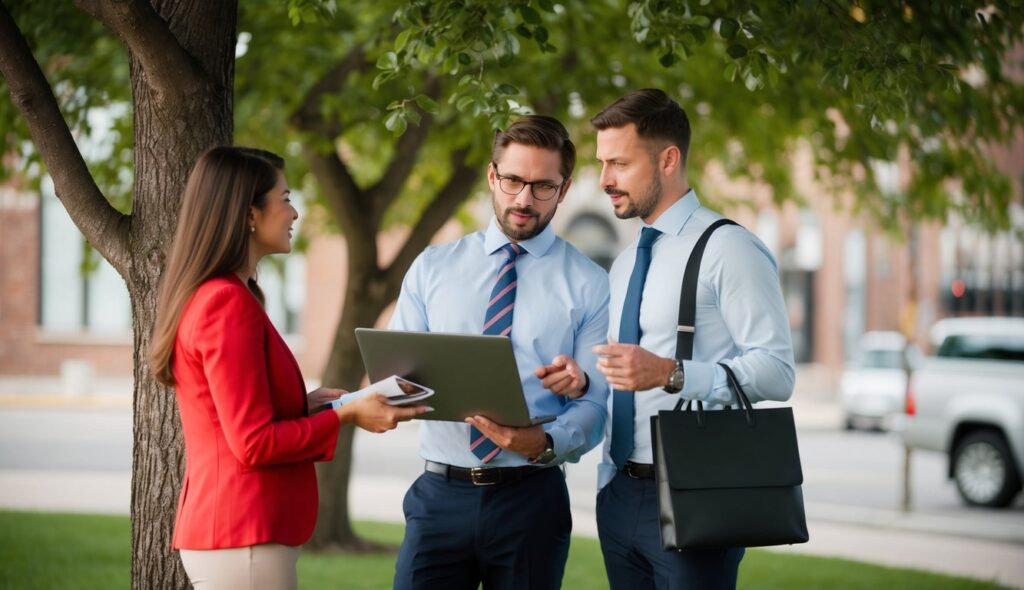 Trois personnes discutant d'articles promotionnels sous un arbre.