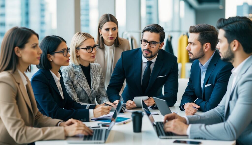 Un groupe de designers de mode et de spécialistes du marketing observe attentivement la publicité, la présence sur les réseaux sociaux et les campagnes de marketing de leurs concurrents pour éclairer leur propre stratégie de marque.