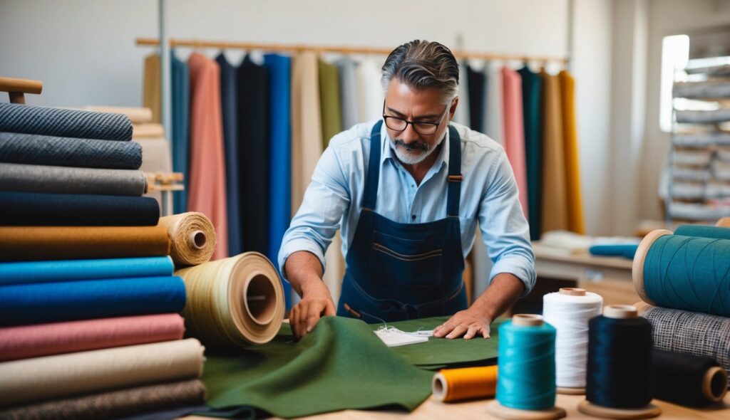 Un artisan qualifié sélectionne soigneusement des matières premières de haute qualité, entouré de rouleaux de tissu et de bobines de fil, garantissant une approvisionnement durable et rentable pour la production textile.