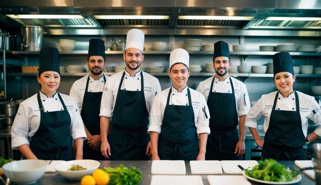 Dans le secteur de la restauration, une scène de chefs et de personnel de cuisine portant des uniformes spécifiques, hygiéniques et fonctionnels qui représentent l'identité de l'établissement tout en garantissant sécurité et propreté.