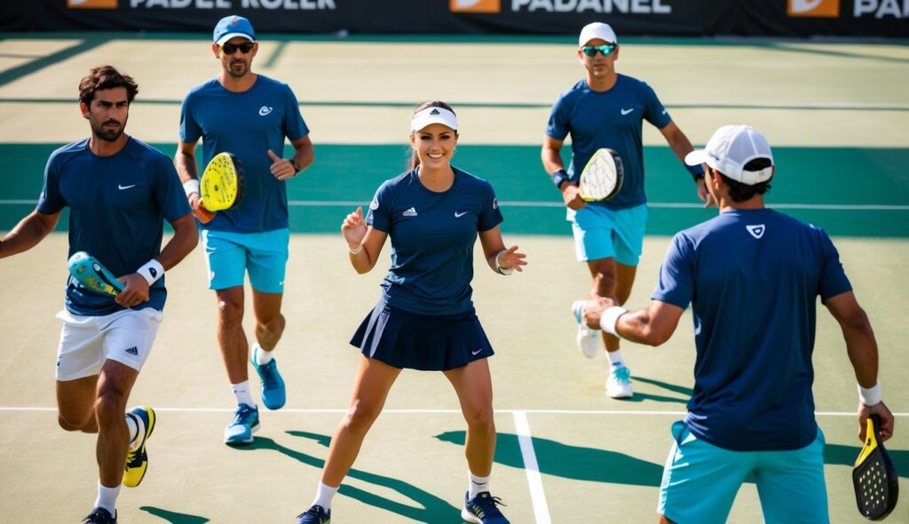 Des hommes en t-shirts respirants et shorts, des femmes en jupes et chemises de padel, tous se déplaçant librement sur le court, restant au sec et à l'aise tout au long du match.