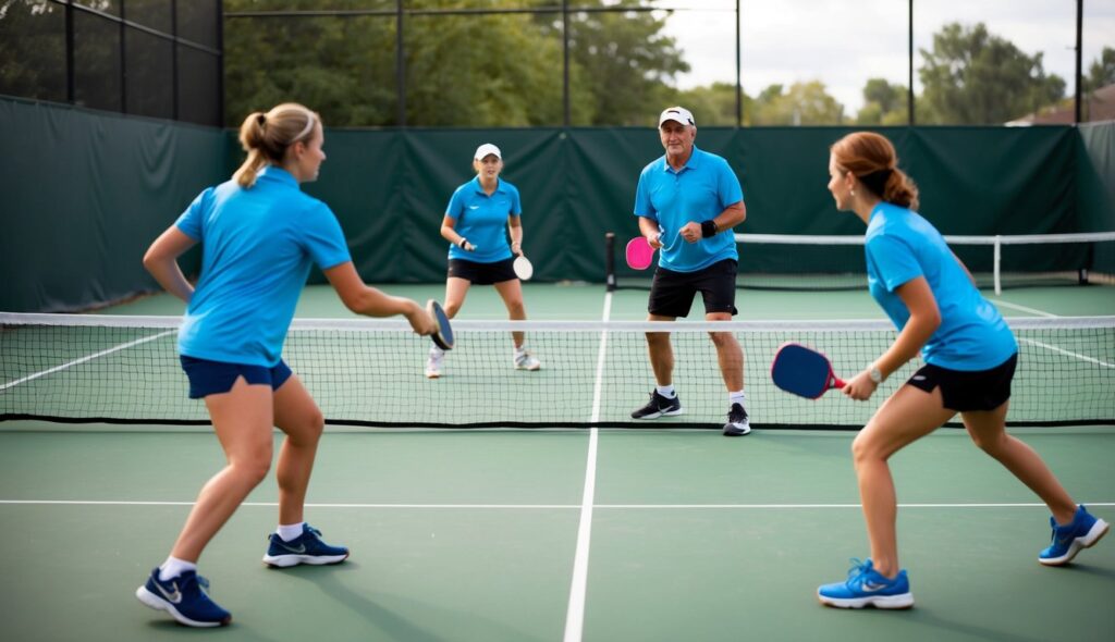 Des joueurs en tenue confortable et mobile jouent au pickleball sur un court plus petit, combinant des éléments de tennis, de badminton et de ping-pong.