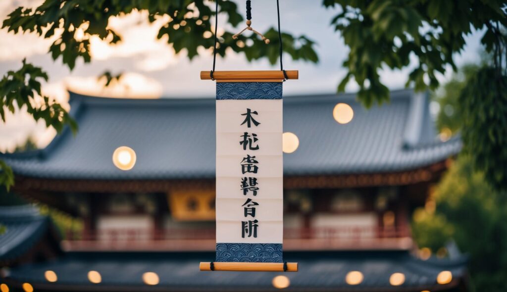 Un kakemono suspendu, un outil publicitaire traditionnel asiatique, pend élégamment avec une bannière en tissu ou en papier, mettant en valeur sa communication visuelle simple mais efficace.