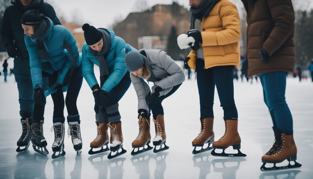 Les gens se préparent à patiner sur la patinoire, en enfilant des vêtements chauds, des chaussettes épaisses et des bottes robustes. Certains serrent leurs patins, d'autres ajustent leurs casques.
