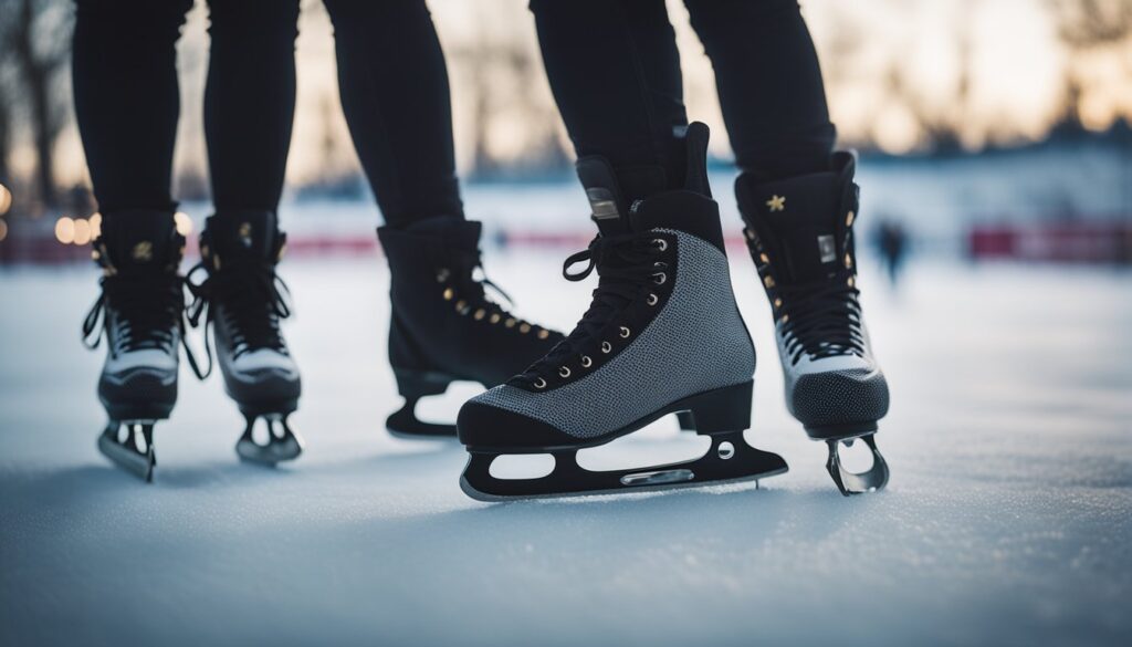 Les gens se preparent pour le patinage sur glace en enfilant des vetements chauds et en lacant leurs patins