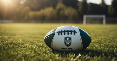 Un ballon de rugby repose sur un terrain dherbe entoure de maillots et de shorts de rugby. Le soleil projette une lueur chaleureuse sur la scene