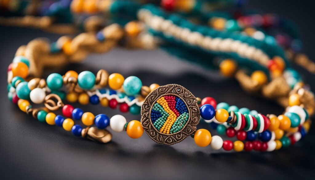 Un bracelet en macrame colore avec des motifs complexes inspire de la culture et de la tradition bresiliennes orne de perles vibrantes et de symboles de lhistoire riche du pays