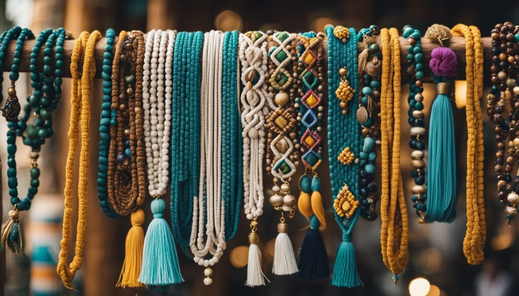 Un bracelet en macrame colore avec des motifs de noeuds complexes orne de petites perles et de breloques suspendu a une presentoir en bois sur un marche bresilien anime