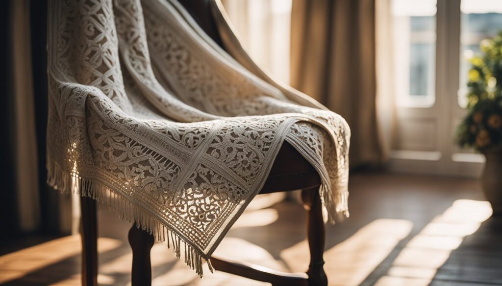 Un chale de femme aux motifs et motifs complexes drape sur une chaise dans une piece confortable et ensoleillee