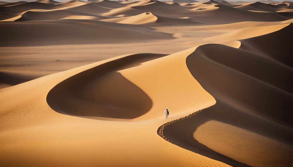 Un paysage desertique avec des dunes de sable et une figure solitaire dans une robe traditionnelle saharienne