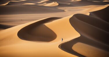 Un paysage desertique avec des dunes de sable et une figure solitaire dans une robe traditionnelle saharienne