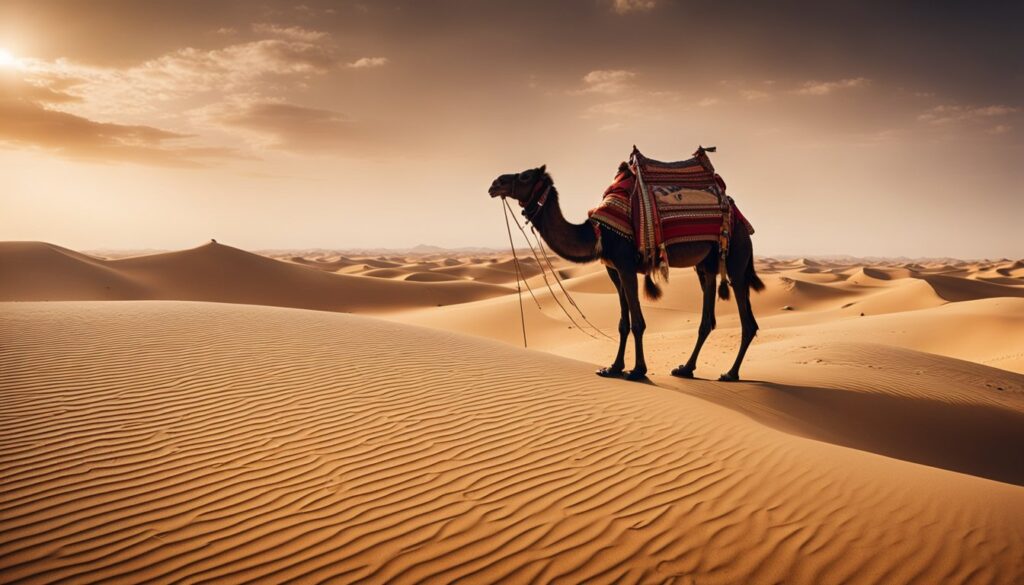 Un paysage solitaire du desert du Sahara avec une tente traditionnelle saharienne et une caravane de chameaux. Des dunes de sable et un vaste ciel ouvert completent la scene