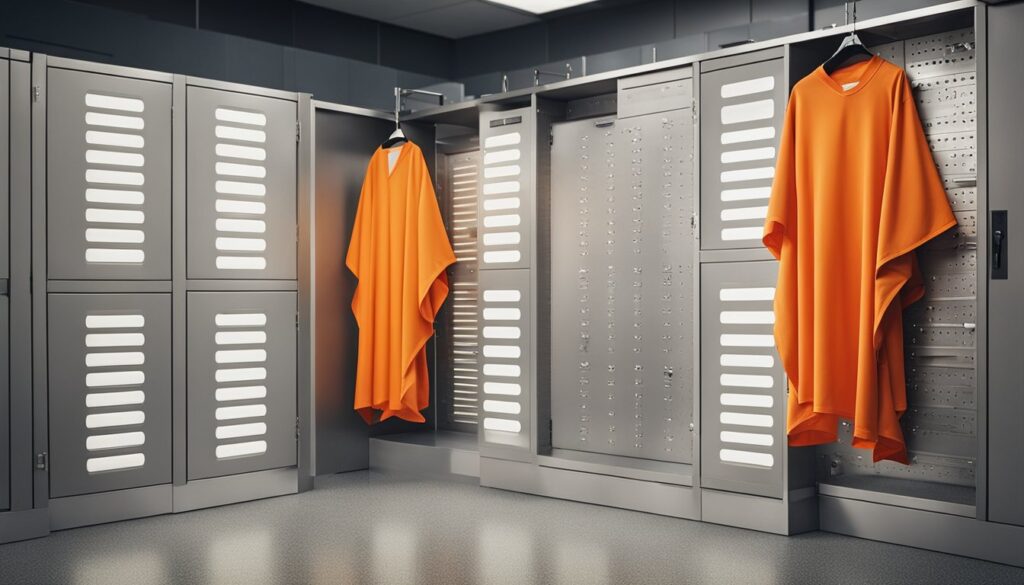 Une chasuble sportive de couleur orange vif avec des bandes reflechissantes est accrochee a un crochet dans un vestiaire
