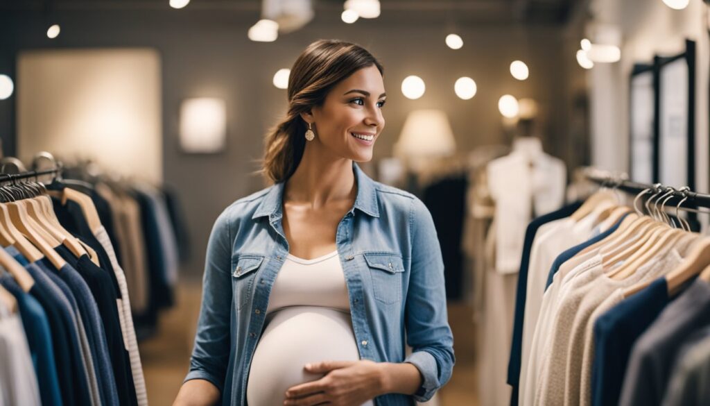 Une femme enceinte parcourt une variete doptions de vetements de maternite confortables et elegants dans une boutique bien eclairee et spacieuse