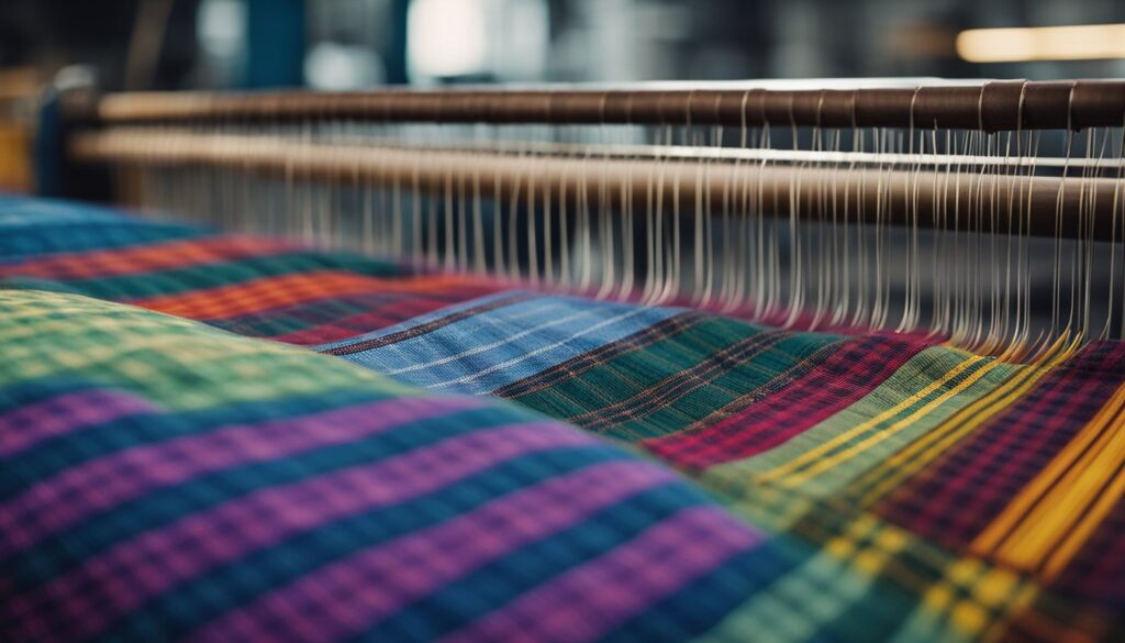 Une metier a tisser tisse un tissu ecossais en tartan dans un atelier textile. Divers fils colores sentrecroisent pour creer le motif distinct