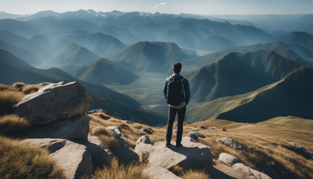 Une personne se tenant sur le sommet dune montagne contemplative devant un paysage vaste et ouvert avec un ciel bleu clair au dessus et une posture empreinte de determination