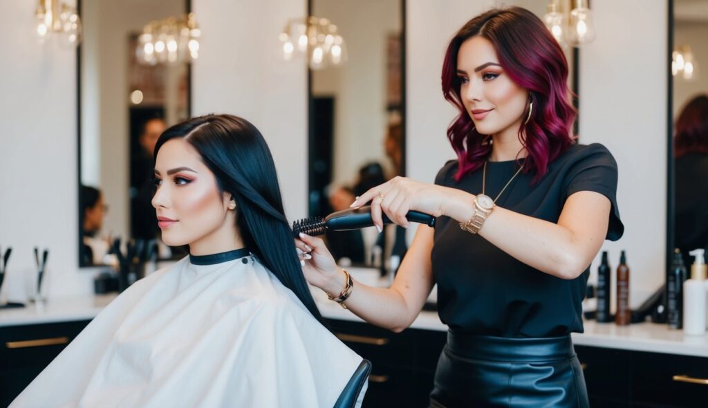 Un mannequin de mode et un coiffeur démontrent des techniques de coloration dans un cadre de salon chic.