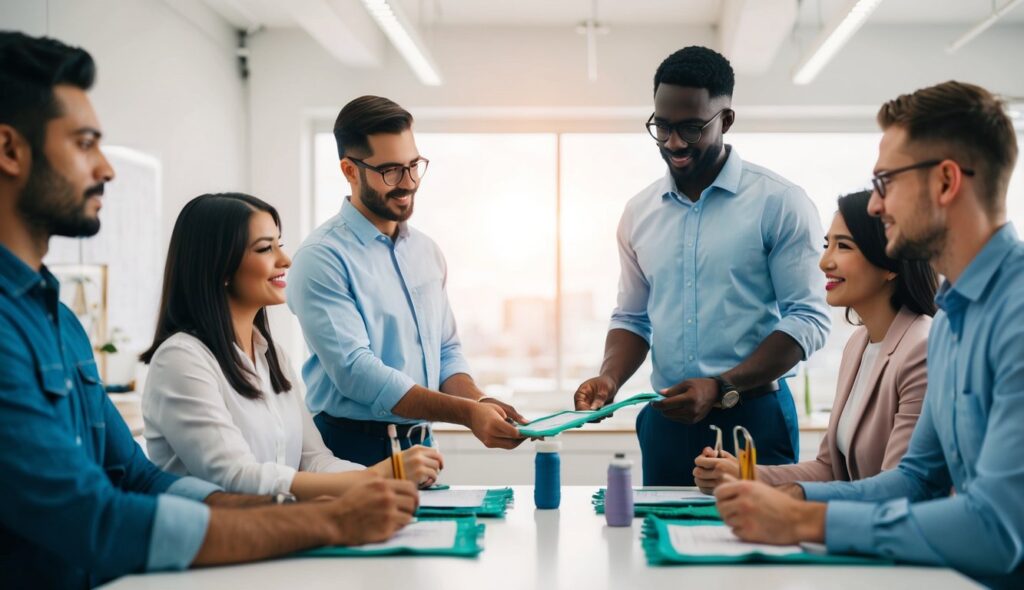 Un cadre professionnel avec des individus mettant en valeur une gamme de compétences techniques et comportementales, allant de la broderie et du design textile aux compétences interpersonnelles.