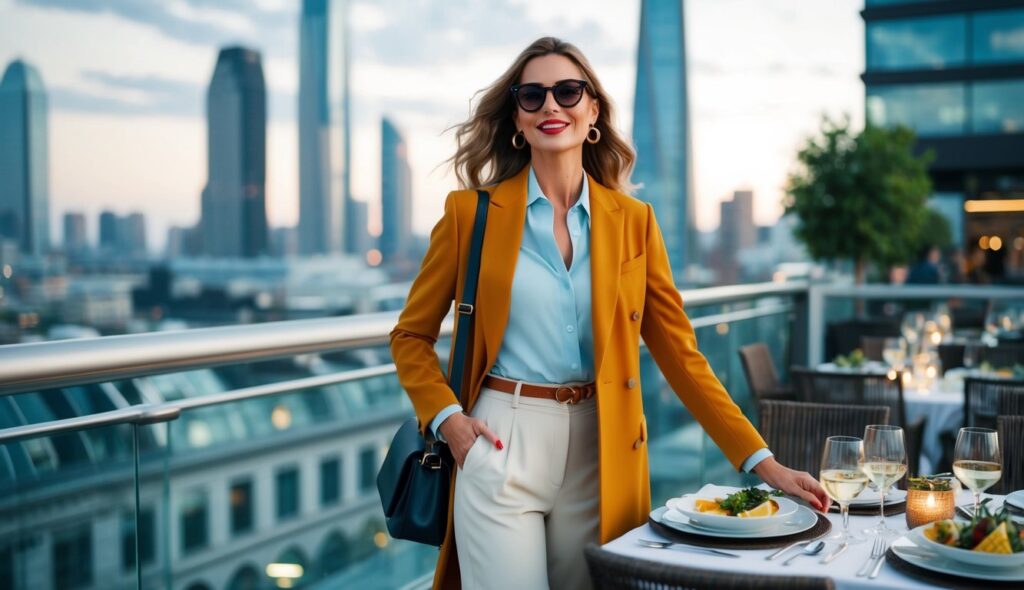 Une femme élégante explore sans effort une ville animée, passant aisément du tourisme à un dîner sophistiqué, le tout en portant des vêtements de voyage anti-froissement.