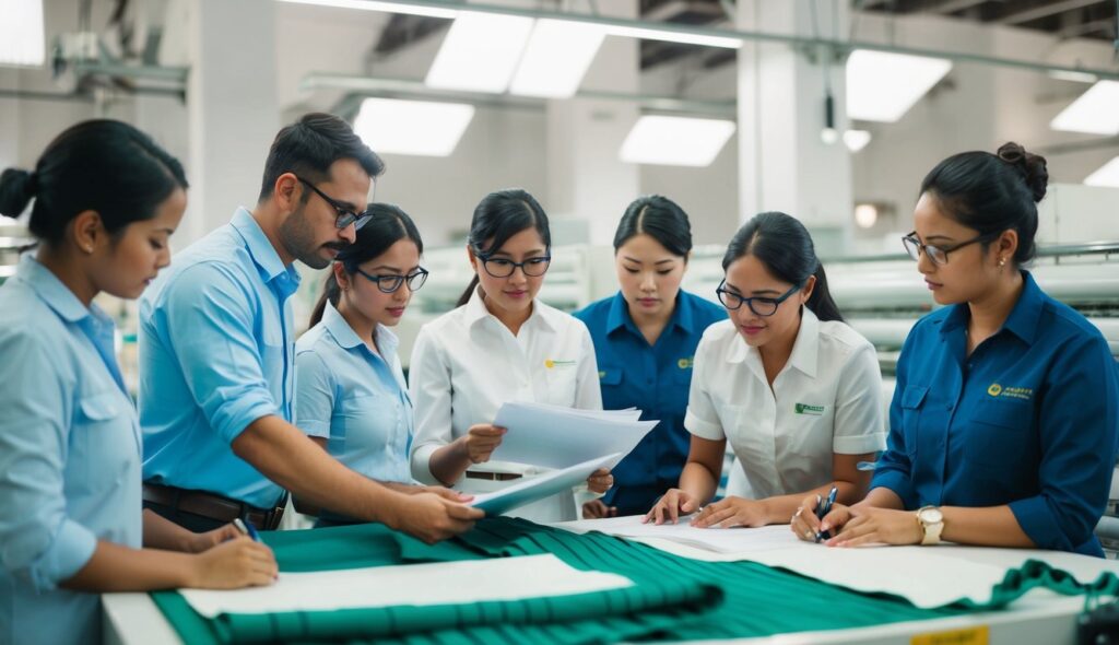 Une équipe d'auditeurs inspecte les installations d'un fournisseur de textiles, vérifiant la qualité, la conformité environnementale et sociale. Ils examinent les processus et interagissent avec les travailleurs pour garantir des normes élevées constantes.