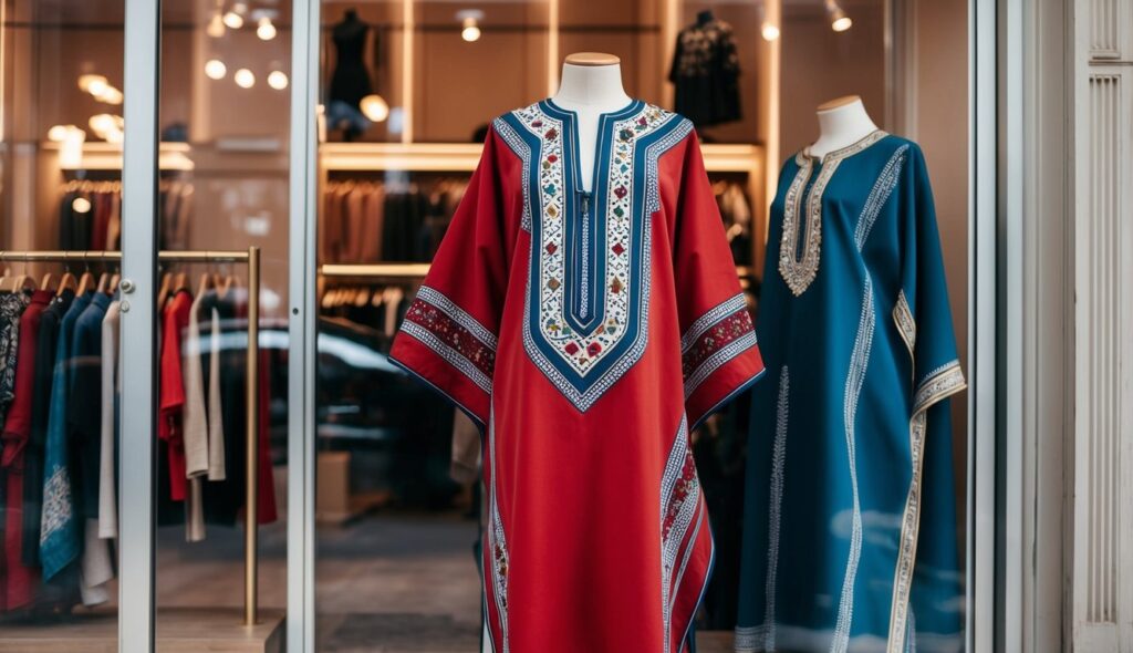 Un caftan berbère exposé dans la vitrine d'un magasin de vêtements à Paris.