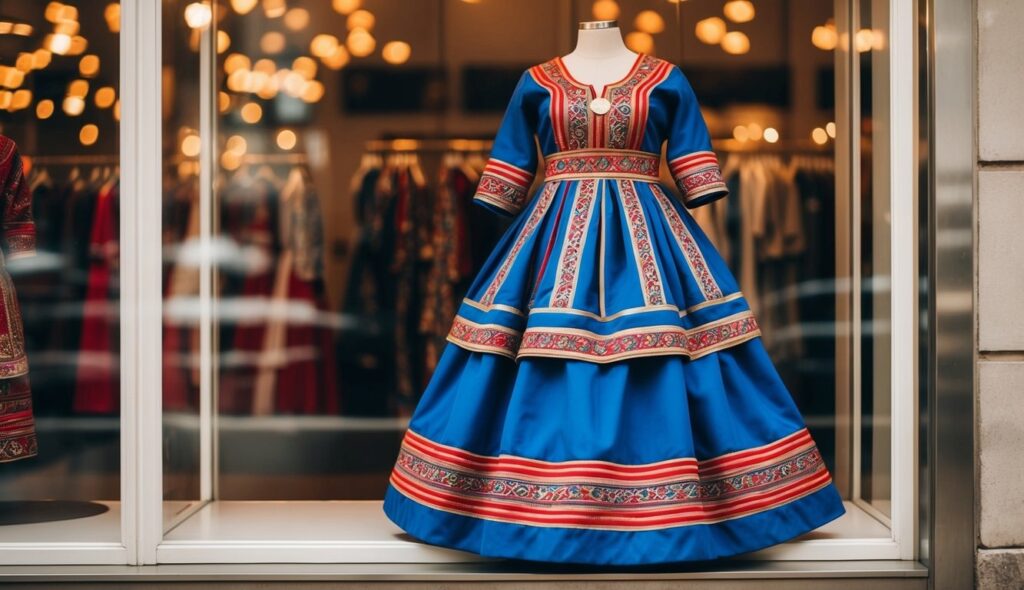 Une robe kabyle traditionnelle exposée dans la vitrine d'un magasin à Paris.