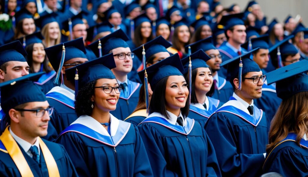 Des étudiants et leurs familles se rassemblent en tenue formelle lors d'une cérémonie de remise des diplômes, célébrant la réussite académique et la transition vers une nouvelle étape de la vie.