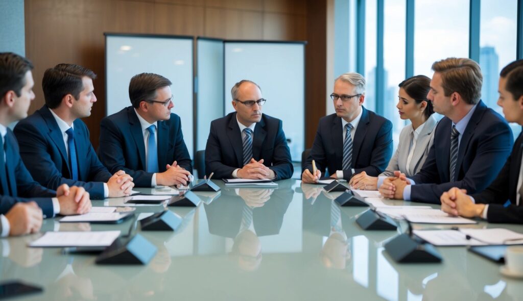 Une réunion en salle de conseil avec des dirigeants discutant des avantages et des inconvénients de la création d'une société holding pour leur stratégie commerciale.