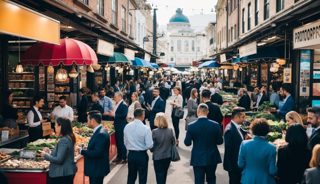 Un marché animé avec des entreprises diverses interagissant avec des clients potentiels, mettant en avant différentes techniques de prospection pour attirer et élargir leur base de clients.