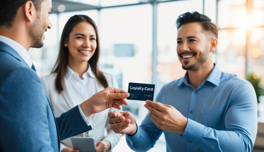 Un propriétaire d'entreprise présente une carte de fidélité à un client souriant, qui la tient avec gratitude. Le propriétaire explique les avantages tandis que le client hoche la tête en signe d'accord, symbolisant une relation solide entre le client et l'entreprise.