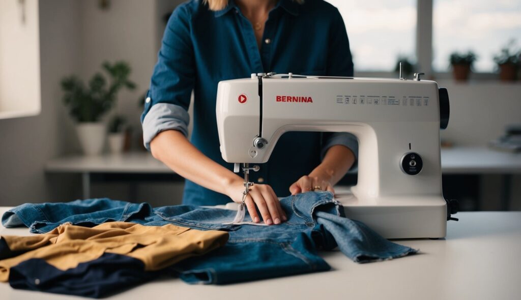 Une personne transforme de vieux vêtements en nouvelles tenues élégantes à l'aide d'une machine Bernina, mettant en avant le concept de surcyclage dans l'industrie de la mode.