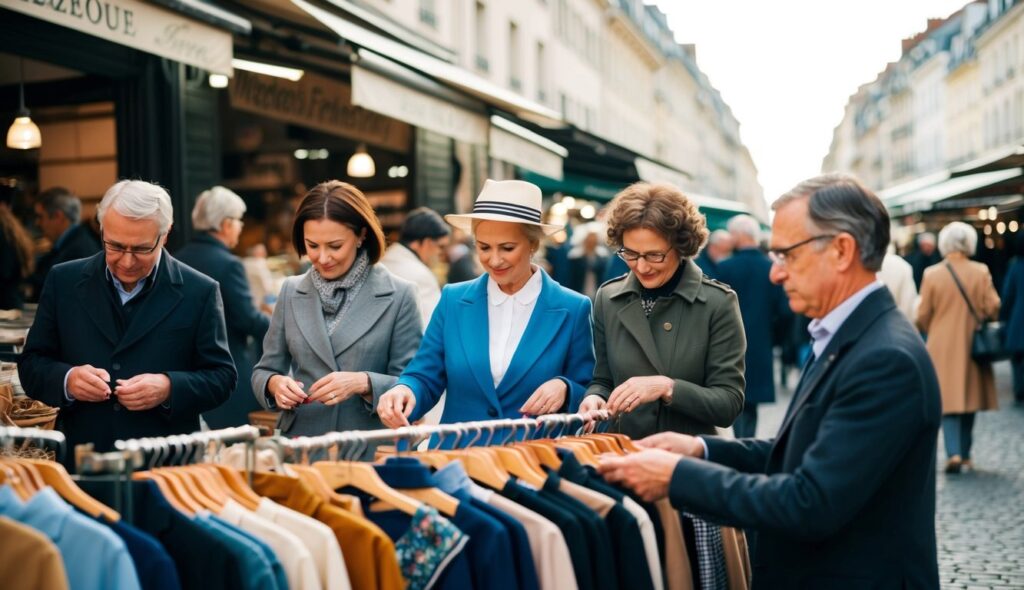 Des citoyens dans un marché français, choisissant soigneusement des vêtements de haute qualité fabriqués localement. Leurs choix réfléchis reflètent un engagement à soutenir l'économie nationale et l'emploi local.