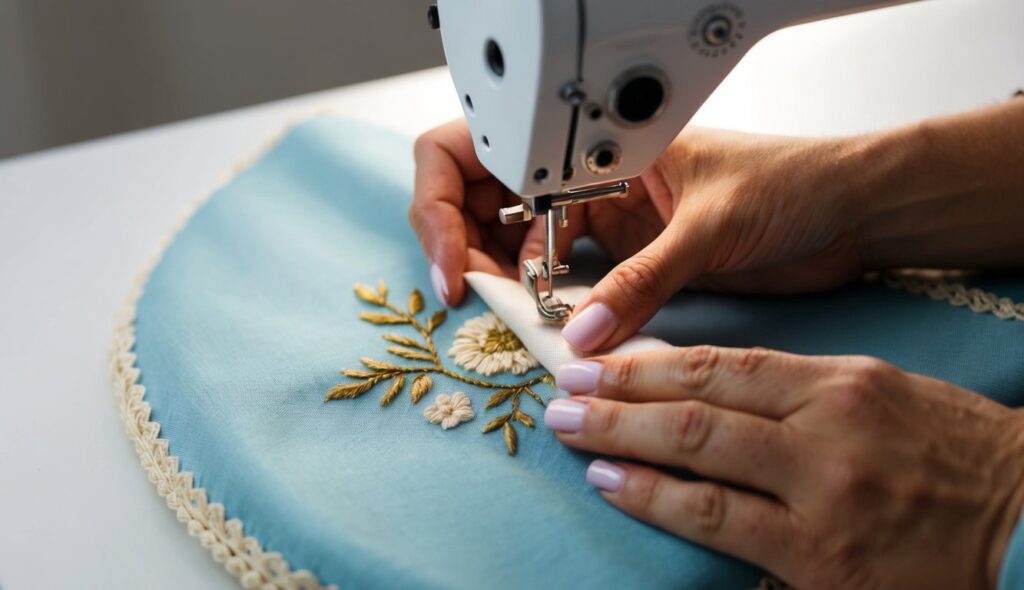 Une couturière applique soigneusement un tissu thermoadhésif sur une délicate broderie, garantissant une finition durable et soignée.