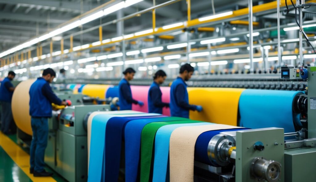 Une usine textile animée avec des ouvriers produisant des tissus en polyamide colorés, tandis que de grandes machines consomment de l'énergie et des ressources en arrière-plan.