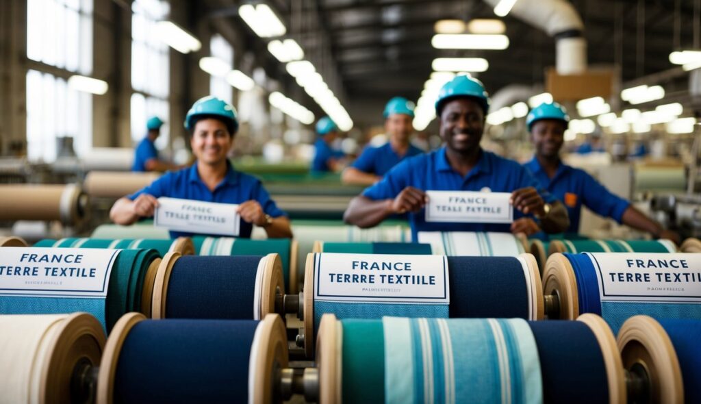 Une usine textile animée, avec des travailleurs présentant fièrement des étiquettes "France terre textile" sur des rouleaux de tissu, mettant en valeur la chaîne d'approvisionnement nationale.