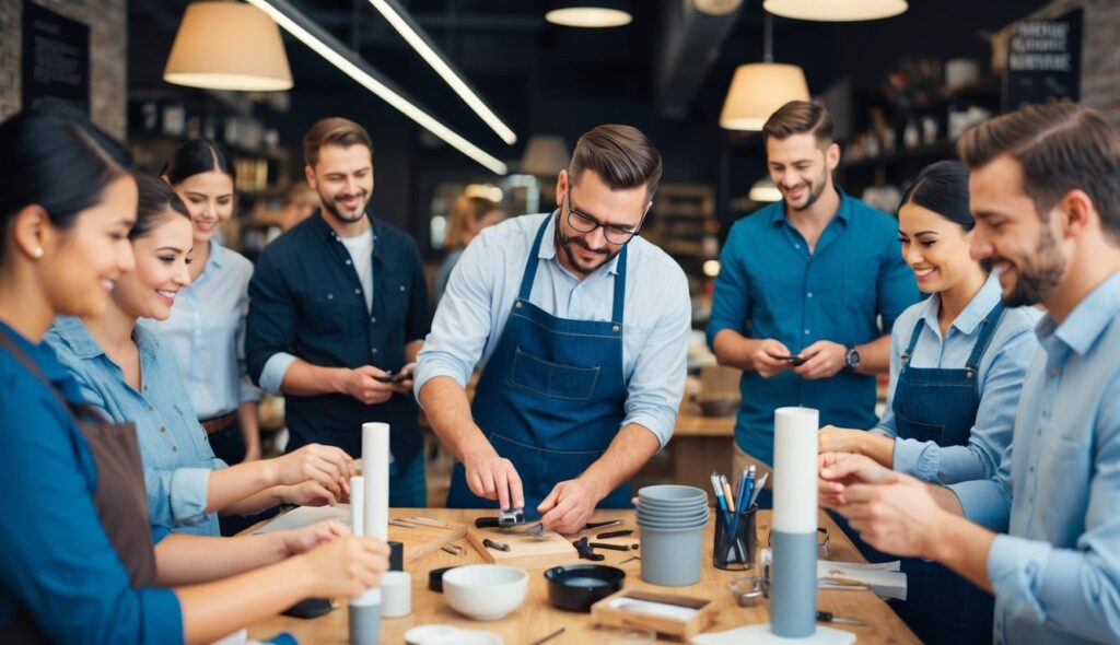 Un propriétaire de petite entreprise fabriquant soigneusement des produits spécialisés pour un marché de niche, entouré de clients fidèles qui apprécient les offres uniques.